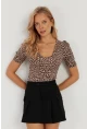 Kadın Camel-Siyah V Yaka Leopar Bluz LPP1263