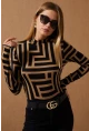 Kadın Camel-Siyah Yarım Balıkçı Desenli Bluz LPP1147