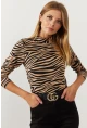 Kadın Camel-Siyah Yarım Balıkçı Zebra Desen Bluz LPP1133