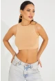 Kadın Camel Triko Crop Triko Bluz KZ2447