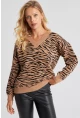 Kadın Camel Zebra Desenli Triko Kazak YZ521