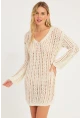 Kadın Ekru Ajurlu Triko Mini Elbise MZU605