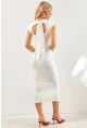 Kadın Ekru Boyun Bağlamalı Büzgülü Midi Elbise KED4281