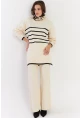 Kadın Ekru Çizgili Alt Üst Triko Takım NUV1069