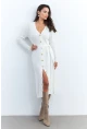 Kadın Ekru Düğme Detaylı Kuşaklı Midi Elbise MŞ1