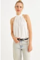 Kadın Ekru Halter Yaka Desenli Bluz LPP1273