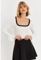 Kadın Ekru Kontrast Yaka İspanyol Kol Bluz ALB3105