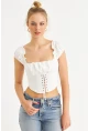 Kadın Ekru Kuş Gözlü Crop Bluz YEL221128