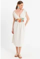 Kadın Ekru Ön Arka V Nakışlı Midi Elbise ELT180