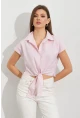 Kadın Ekru-Pembe Çizgili Bağlamalı Crop Gömlek MPC306
