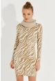 Kadın Ekru Zebra Desenli Mini Elbise AYD249