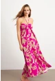 Kadın Fuşya Büzgülü Desenli Midi Elbise KAB304