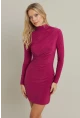 Kadın Fuşya Büzgülü Dik Yaka Mini Elbise ELT3138-90