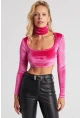 Kadın Fuşya Kare Yaka Boyunluklu Kadife Crop Bluz B2867