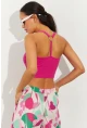 Kadın Fuşya Sırtı Halkalı Kaşkorse Crop Bluz B2552