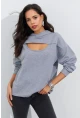 Kadın Gri Önü Pencereli Kapüşonlu Sweatshirt Yİ2486