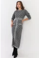 Kadın Gri-Siyah Düğme Aksesuarlı Desenli Maxi Elbise NUV41