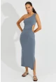 Kadın Gri Tek Omuz Yırtmaçlı Maxi Elbise B2629