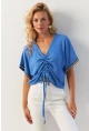 Kadın İndigo Önü Büzgülü Bluz XL2039