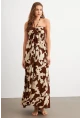 Kadın Kahverengi Büzgülü Desenli Midi Elbise KAB304