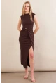 Kadın Kahverengi Eteği Kruvaze Tokalı Midi elbise KED7340