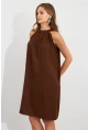 Kadın Kahverengi Halter Yaka Midi Elbise NH5029