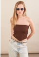 Kadın Kahverengi Straplez Triko Crop Bluz ZH049