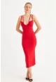 Kadın Kırmızı Çift Askılı V Yaka Midi Elbise EY3087