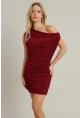 Kadın Kırmızı Degaje Yaka Büzgülü Mini Elbise YEL96