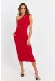 Kadın Kırmızı Düğme Aksesuarlı Kaşkorse Midi Elbise EY3081