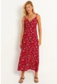 Kadın Kırmızı İp Askılı Çiçekli Midi Elbise GÇ172