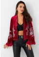 Kadın Kırmızı İspanyol Kol Nakışlı Kadife Ceket QS5577