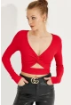 Kadın Kırmızı Önü Düğümlü Crop Bluz AYD244