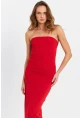 Kadın Kırmızı Straplez Yırtmaçlı Midi Elbise XC005