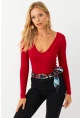 Kadın Kırmızı V Yaka Çıtçıtlı Body Fİ792