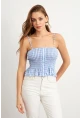 Kadın Mavi Ekose Lastikli Crop Bluz MTK13397