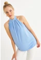 Kadın Mavi Halter Yaka Desenli Bluz LPP1273