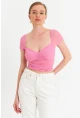 Kadın Pembe Büzgülü Tül Crop Bluz TPG04