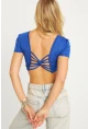 Kadın Saks Sırtı Açık Crop Bluz CG358
