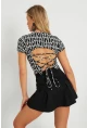 Kadın Sırt Dekolteli Crop Bluz Siyah-Beyaz AYD271