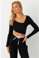 Kadın Siyah Asimetrik Crop Bluz EY2997