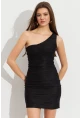 Kadın Siyah Asimetrik Yaka Astarlı Mini Elbise LİT109-1