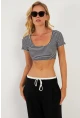 Kadın Siyah-Beyaz Çizgili Crop Bluz XL2022