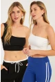 Kadın Siyah-Beyaz Tek Omuz İkili Crop Bluz CG347