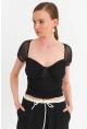 Kadın Siyah Büzgülü Tül Crop Bluz TPG04