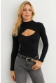 Kadın Siyah Çapraz Yaka Pencereli Kaşkorse Bluz AYD401