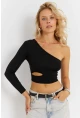 Kadın Siyah Çapraz Yaka Pencerli Crop Bluz CG366