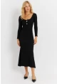 Kadın Siyah Düğme Detaylı Kaşkorse Midi Elbise EY2854