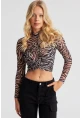 Kadın Siyah-Ekru Zebra Desenli Tül Bluz AYD262