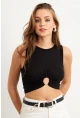 Kadın Siyah Halkalı Crop Bluz EY3094